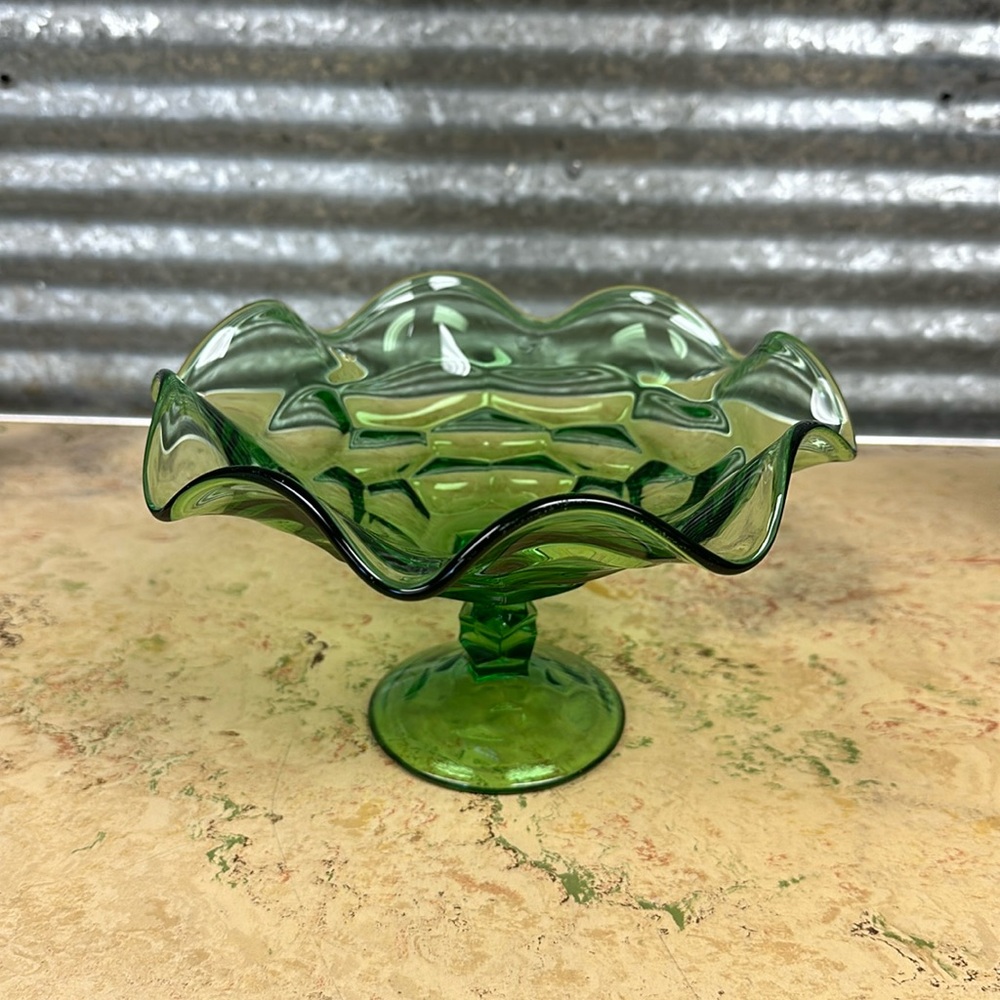 Green glass pedestal candy dish